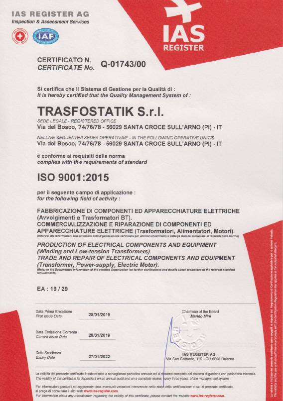 Certificato ISO 9001 Trasfostatik
